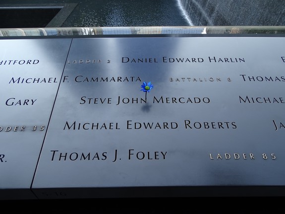 A flower marking the name of one of the victims on the 9/11 Memorial. A flower is placed on the person's birthday by the National September 11 Memorial & Museum.