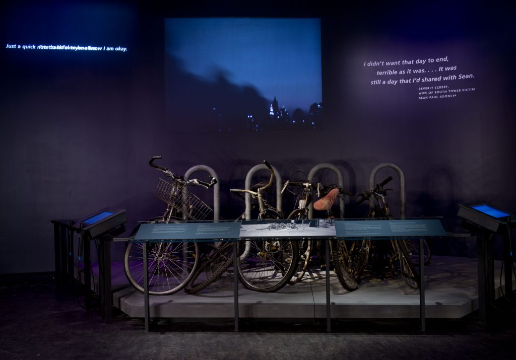 Messenger bicycles parked outside the World Trade Center whose owners perished on 9/11. - Photo courtesy of 9/11 Memorial & Museum